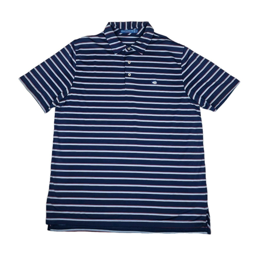 Southern Tide Polo Shirt Blue Red White Striped Performance Tide To Trail Golf